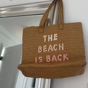 Tan Woven Tote with Pink Accents